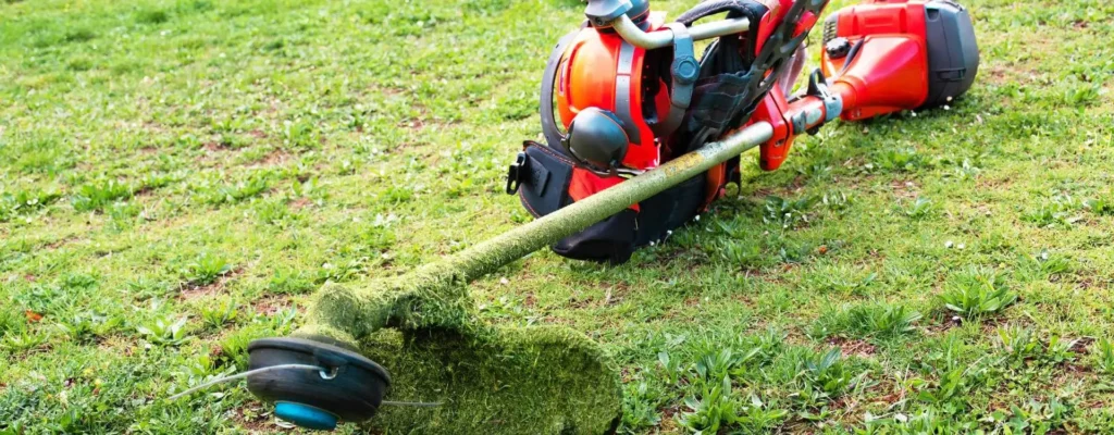 Débroussailleuse rouge posée sur une pelouse verte après travaux de coupe
