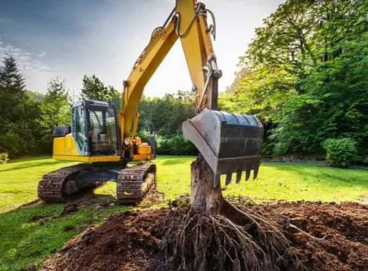 Pelleteuse jaune arrachant une souche d'arbre sur un terrain verdoyant